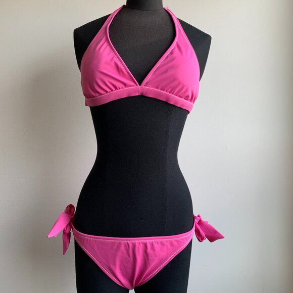 Billabong BLUE CRUSH era Vintage bikini solid pink halter top set RARE - Picture 8 of 8